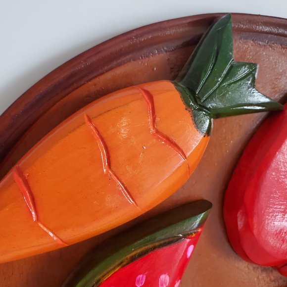 MCM Hand Carved Wood Wall Plaque Fruit & Veggies Plate Haitian Art Colourful - Picture 5 of 9